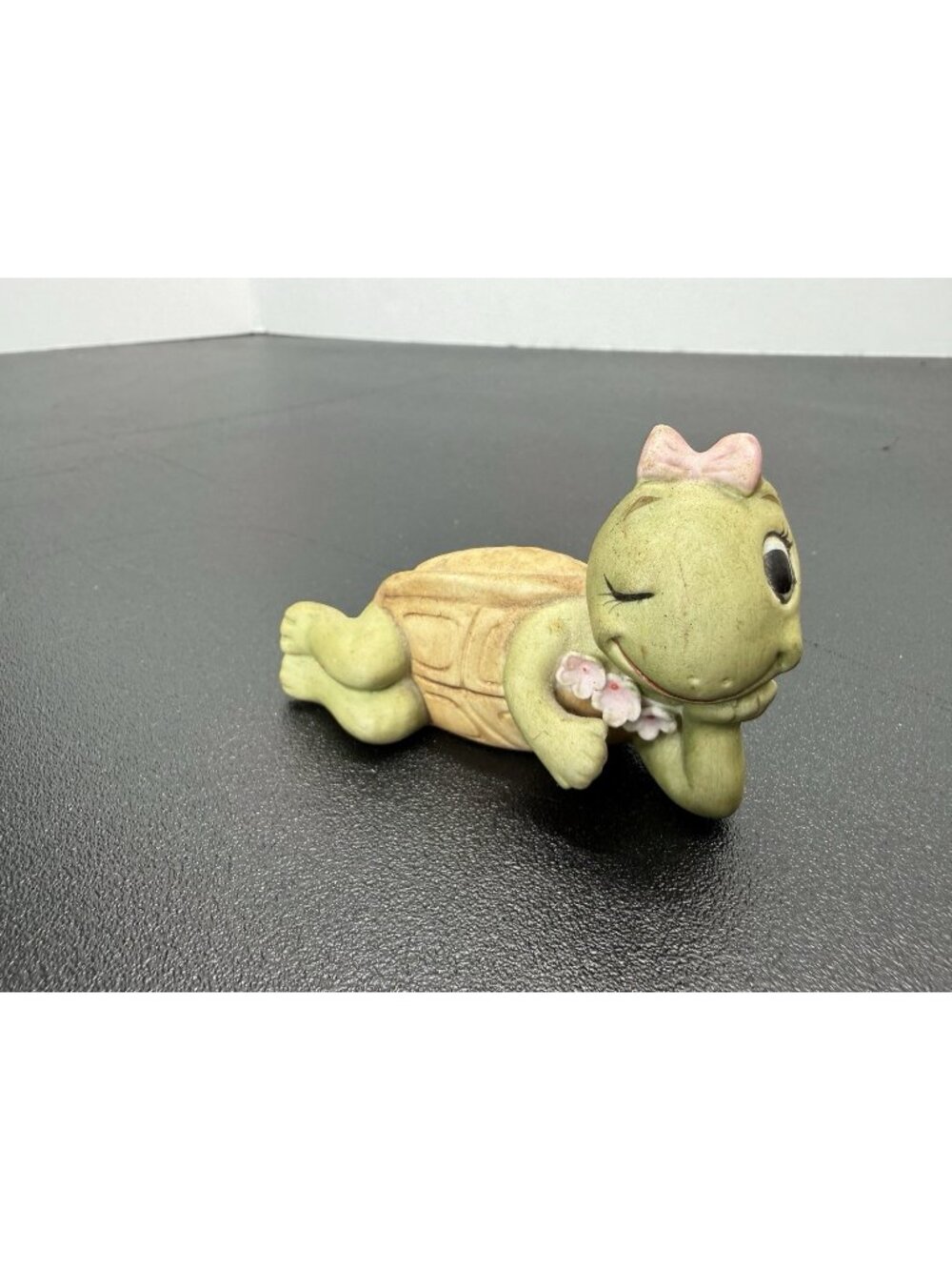 Vintage Ceramic Winking Turtle Figurine with Pink Bow and Flowers Miniature